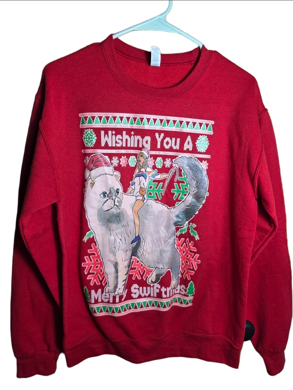 Jerzees Red Wishing You A Merry Swiftmas Cat Graphic Sweatshirt Small